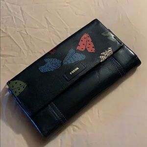 Navy blue Fossil wallet with colorful design